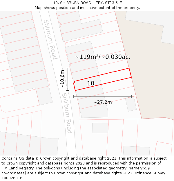 10, SHIRBURN ROAD, LEEK, ST13 6LE: Plot and title map