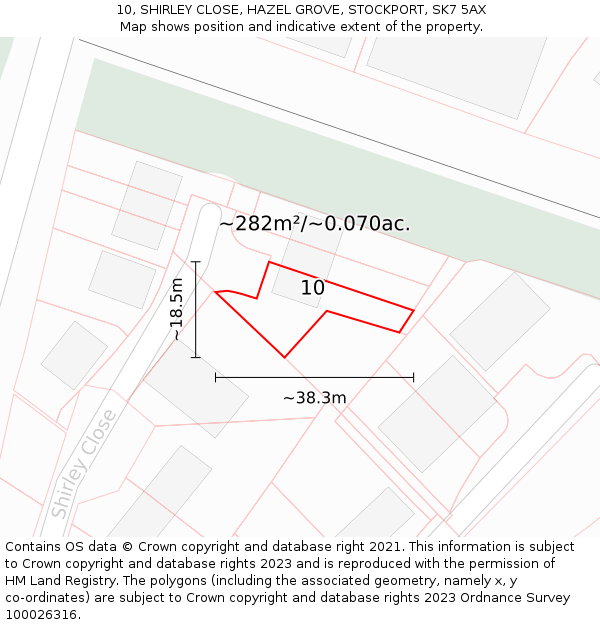 10, SHIRLEY CLOSE, HAZEL GROVE, STOCKPORT, SK7 5AX: Plot and title map