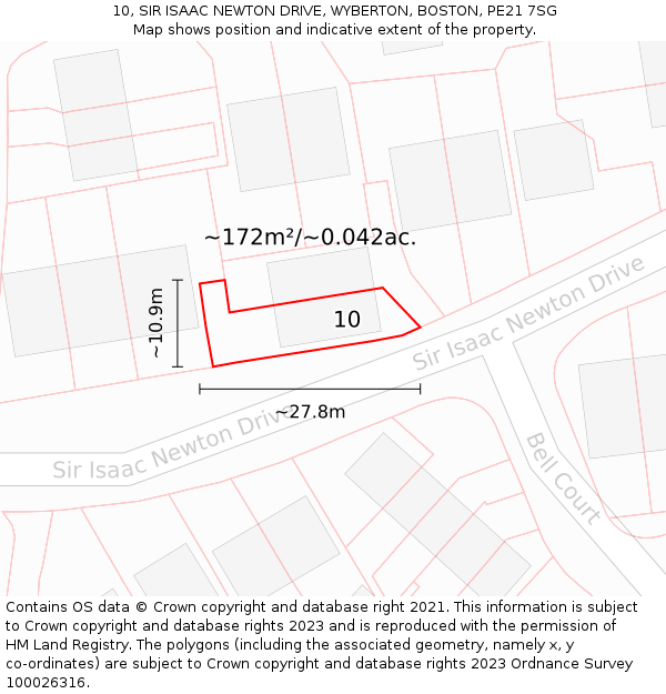 10, SIR ISAAC NEWTON DRIVE, WYBERTON, BOSTON, PE21 7SG: Plot and title map