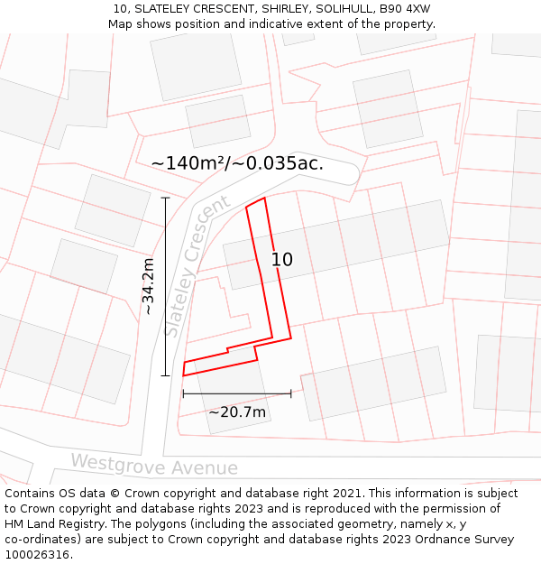 10, SLATELEY CRESCENT, SHIRLEY, SOLIHULL, B90 4XW: Plot and title map