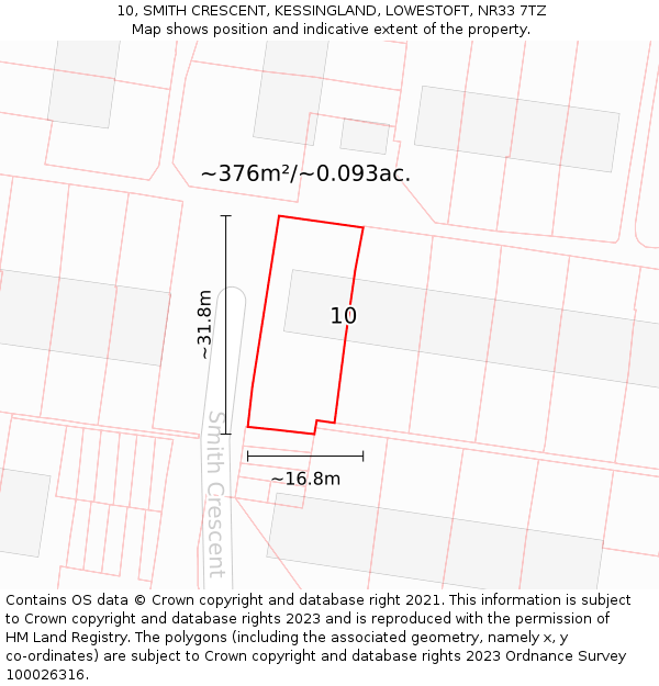 10, SMITH CRESCENT, KESSINGLAND, LOWESTOFT, NR33 7TZ: Plot and title map
