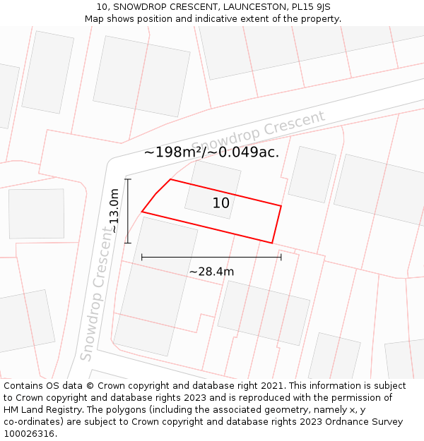 10, SNOWDROP CRESCENT, LAUNCESTON, PL15 9JS: Plot and title map