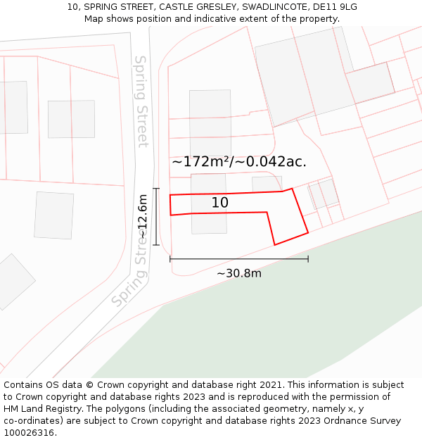 10, SPRING STREET, CASTLE GRESLEY, SWADLINCOTE, DE11 9LG: Plot and title map