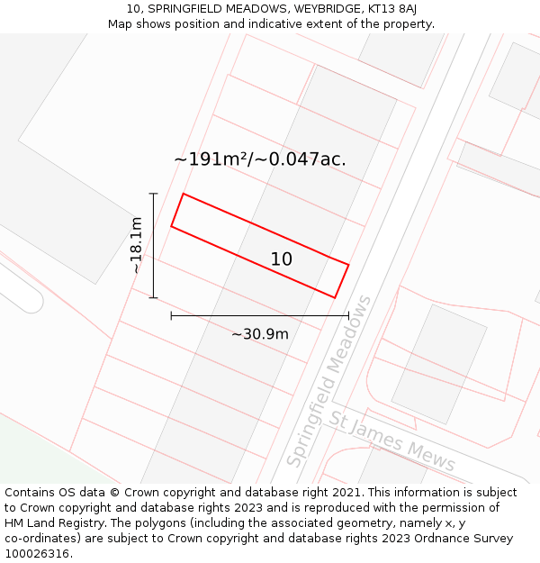 10, SPRINGFIELD MEADOWS, WEYBRIDGE, KT13 8AJ: Plot and title map