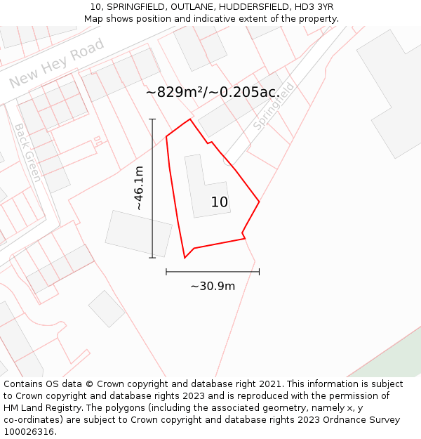 10, SPRINGFIELD, OUTLANE, HUDDERSFIELD, HD3 3YR: Plot and title map