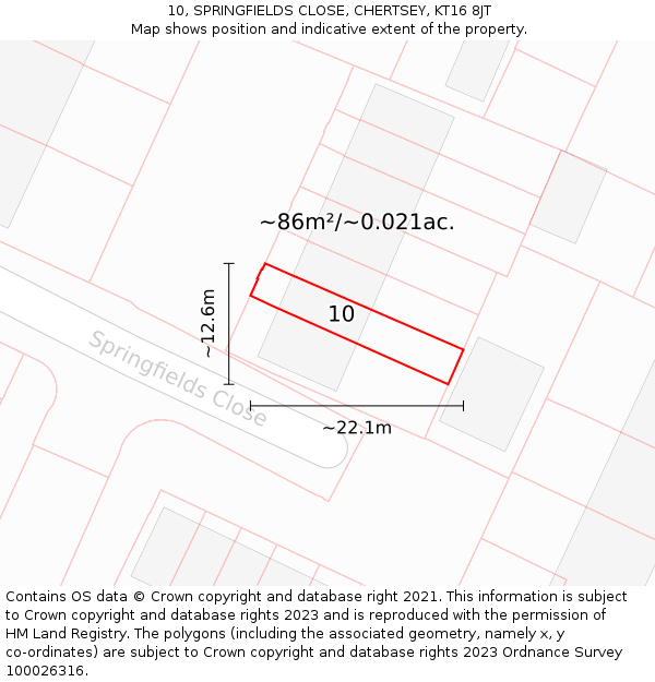 10, SPRINGFIELDS CLOSE, CHERTSEY, KT16 8JT: Plot and title map