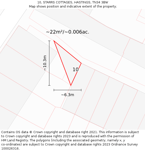 10, STARRS COTTAGES, HASTINGS, TN34 3BW: Plot and title map