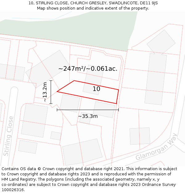 10, STIRLING CLOSE, CHURCH GRESLEY, SWADLINCOTE, DE11 9JS: Plot and title map