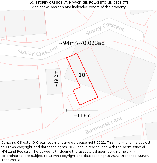 10, STOREY CRESCENT, HAWKINGE, FOLKESTONE, CT18 7TT: Plot and title map