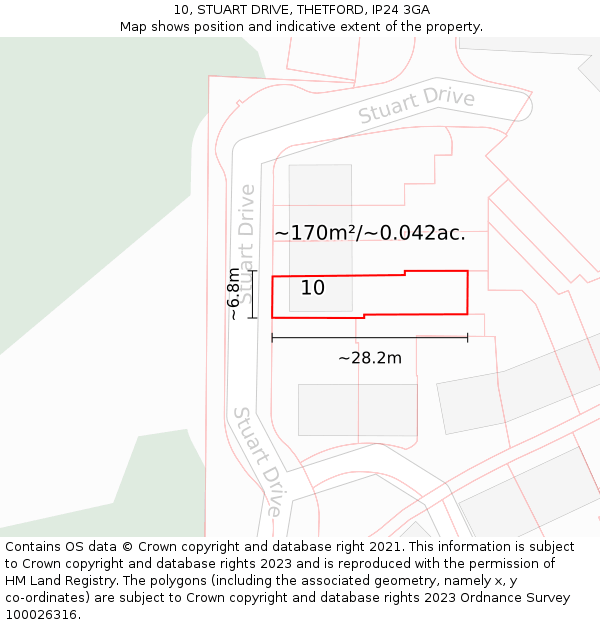 10, STUART DRIVE, THETFORD, IP24 3GA: Plot and title map
