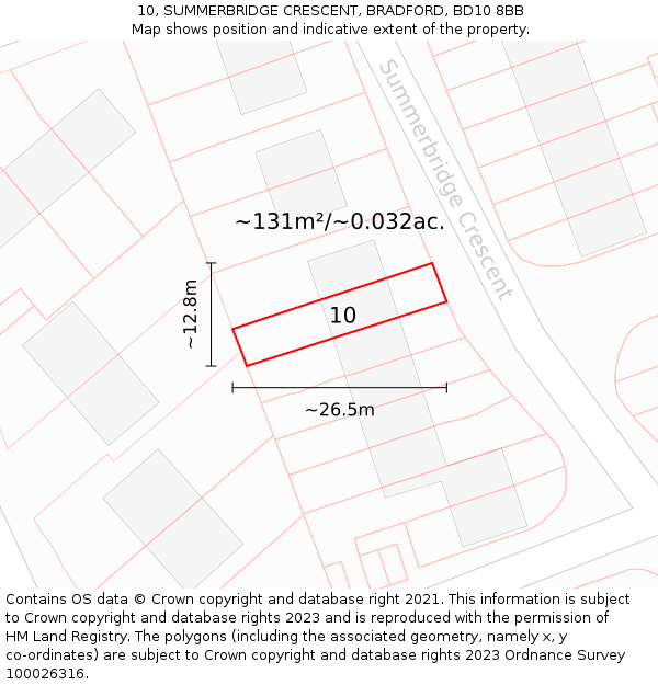 10, SUMMERBRIDGE CRESCENT, BRADFORD, BD10 8BB: Plot and title map