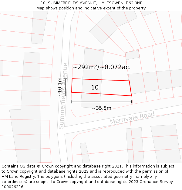 10, SUMMERFIELDS AVENUE, HALESOWEN, B62 9NP: Plot and title map
