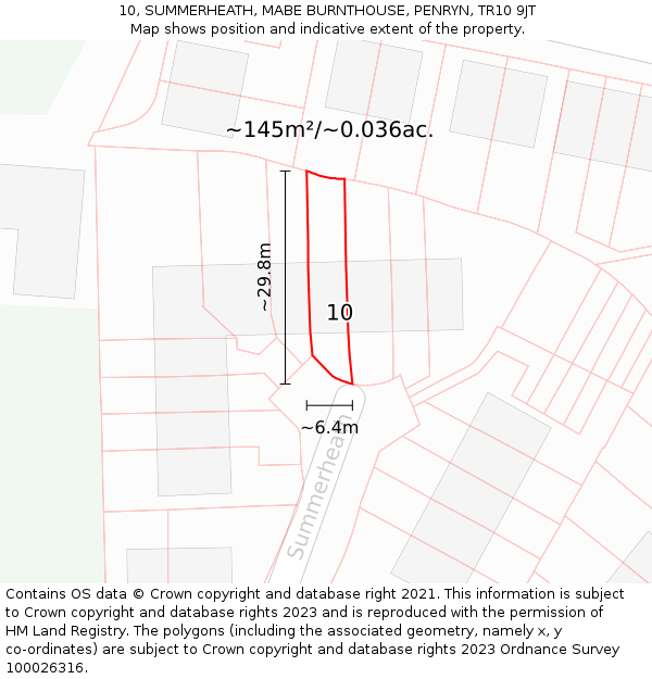 10, SUMMERHEATH, MABE BURNTHOUSE, PENRYN, TR10 9JT: Plot and title map