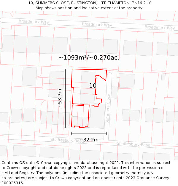 10, SUMMERS CLOSE, RUSTINGTON, LITTLEHAMPTON, BN16 2HY: Plot and title map