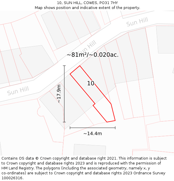 10, SUN HILL, COWES, PO31 7HY: Plot and title map