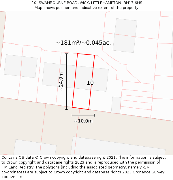 10, SWANBOURNE ROAD, WICK, LITTLEHAMPTON, BN17 6HS: Plot and title map