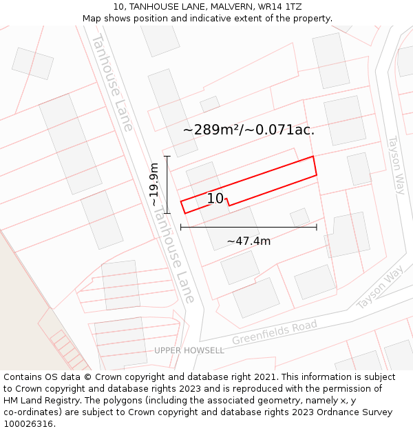 10, TANHOUSE LANE, MALVERN, WR14 1TZ: Plot and title map