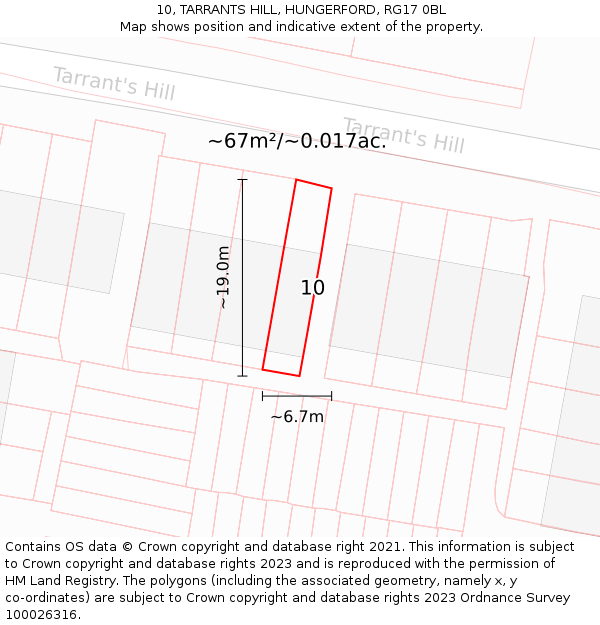 10, TARRANTS HILL, HUNGERFORD, RG17 0BL: Plot and title map