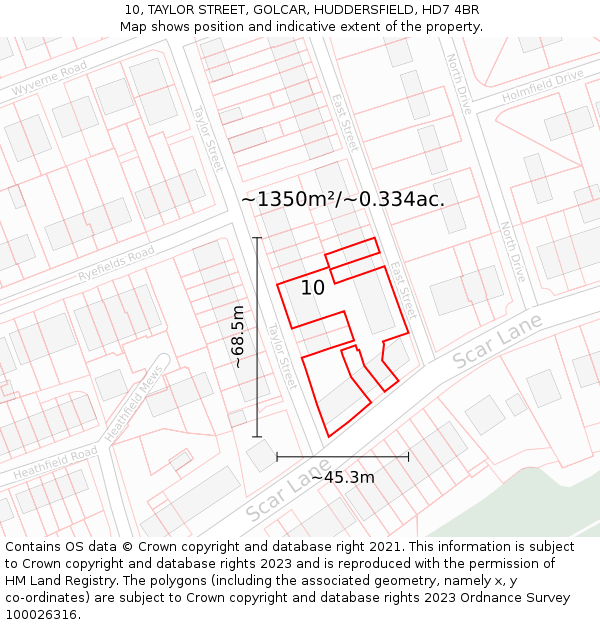 10, TAYLOR STREET, GOLCAR, HUDDERSFIELD, HD7 4BR: Plot and title map