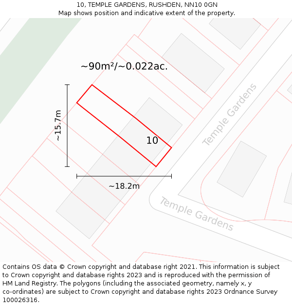 10, TEMPLE GARDENS, RUSHDEN, NN10 0GN: Plot and title map
