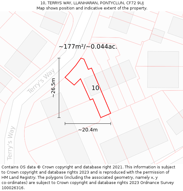 10, TERRYS WAY, LLANHARAN, PONTYCLUN, CF72 9UJ: Plot and title map