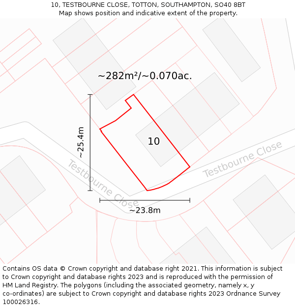 10, TESTBOURNE CLOSE, TOTTON, SOUTHAMPTON, SO40 8BT: Plot and title map