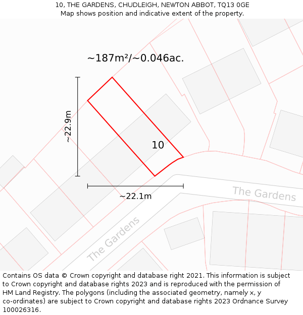 10, THE GARDENS, CHUDLEIGH, NEWTON ABBOT, TQ13 0GE: Plot and title map
