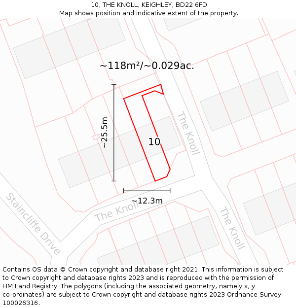 10, THE KNOLL, KEIGHLEY, BD22 6FD: Plot and title map
