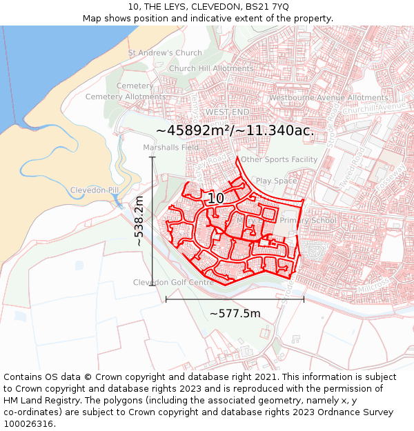 10, THE LEYS, CLEVEDON, BS21 7YQ: Plot and title map