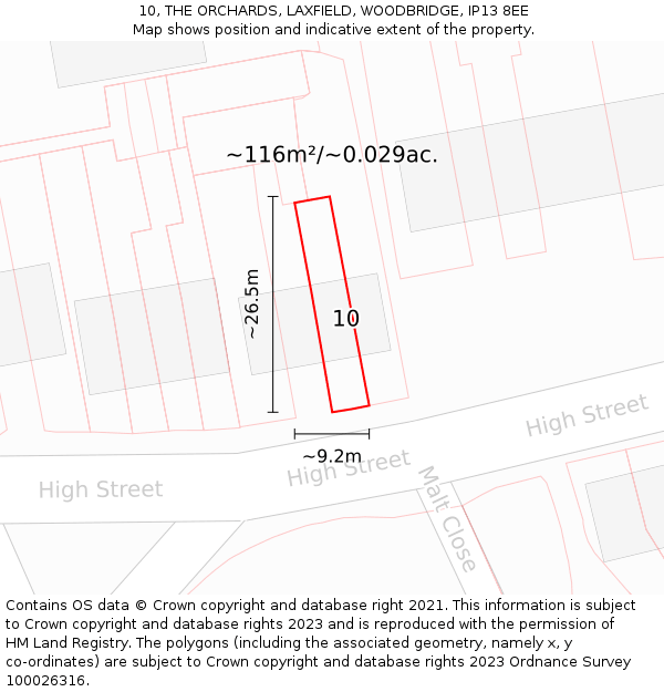 10, THE ORCHARDS, LAXFIELD, WOODBRIDGE, IP13 8EE: Plot and title map