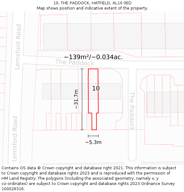 10, THE PADDOCK, HATFIELD, AL10 0ED: Plot and title map
