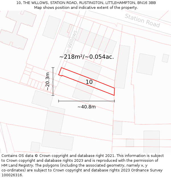 10, THE WILLOWS, STATION ROAD, RUSTINGTON, LITTLEHAMPTON, BN16 3BB: Plot and title map