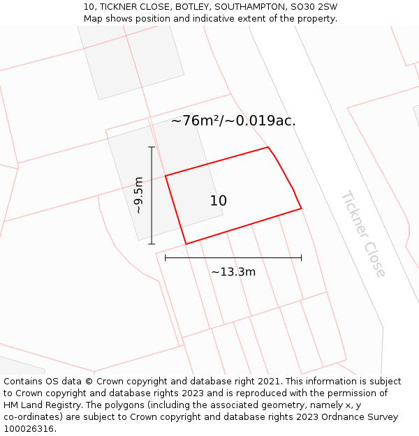 10, TICKNER CLOSE, BOTLEY, SOUTHAMPTON, SO30 2SW: Plot and title map