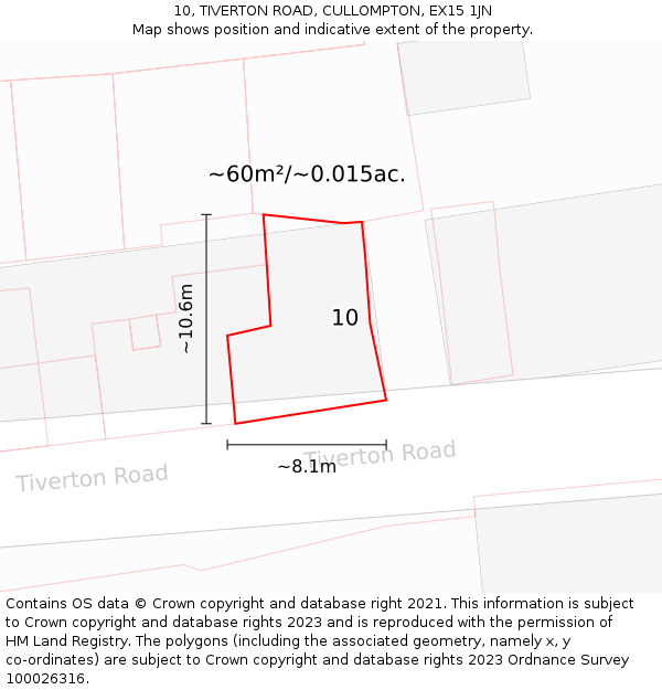 10, TIVERTON ROAD, CULLOMPTON, EX15 1JN: Plot and title map