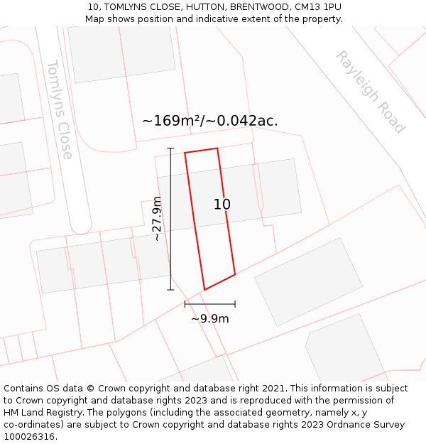 10, TOMLYNS CLOSE, HUTTON, BRENTWOOD, CM13 1PU: Plot and title map