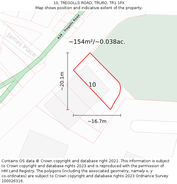 10, TREGOLLS ROAD, TRURO, TR1 1PX: Plot and title map