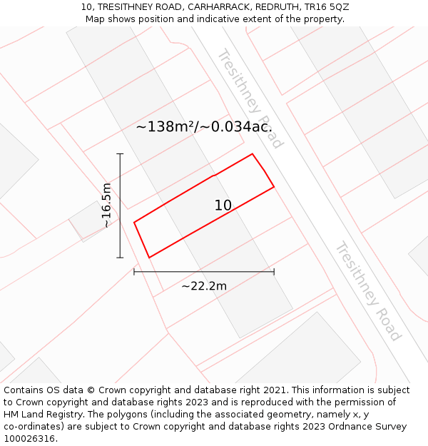 10, TRESITHNEY ROAD, CARHARRACK, REDRUTH, TR16 5QZ: Plot and title map