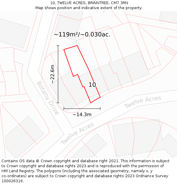 10, TWELVE ACRES, BRAINTREE, CM7 3RN: Plot and title map