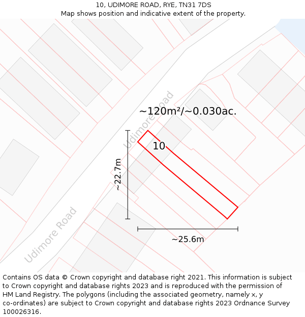 10, UDIMORE ROAD, RYE, TN31 7DS: Plot and title map