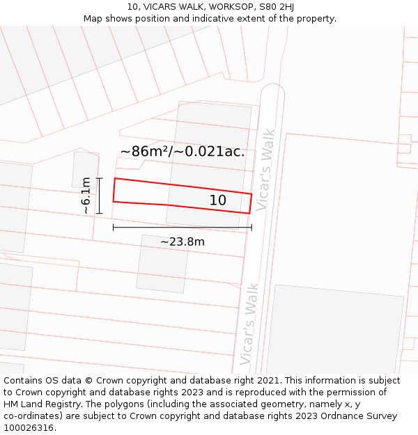 10, VICARS WALK, WORKSOP, S80 2HJ: Plot and title map