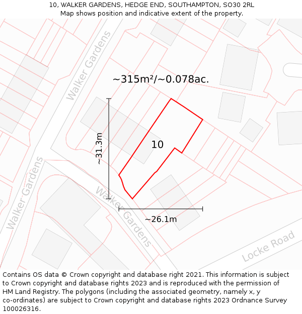 10, WALKER GARDENS, HEDGE END, SOUTHAMPTON, SO30 2RL: Plot and title map