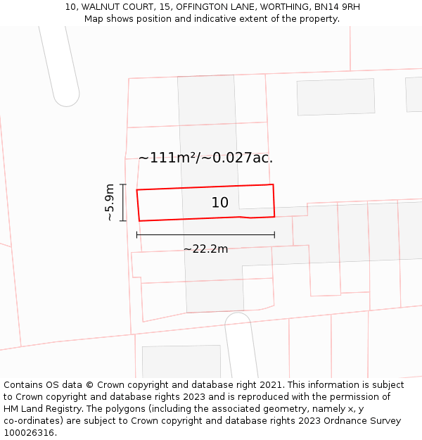10, WALNUT COURT, 15, OFFINGTON LANE, WORTHING, BN14 9RH: Plot and title map