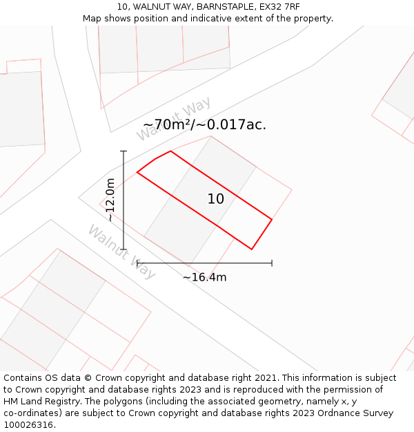 10, WALNUT WAY, BARNSTAPLE, EX32 7RF: Plot and title map