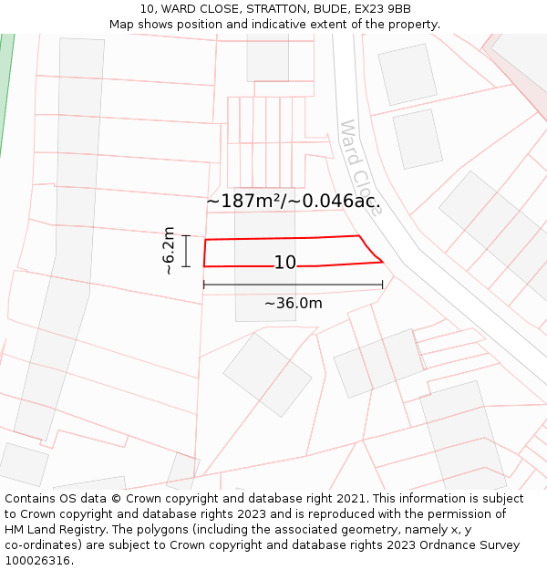 10, WARD CLOSE, STRATTON, BUDE, EX23 9BB: Plot and title map