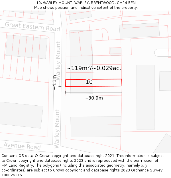 10, WARLEY MOUNT, WARLEY, BRENTWOOD, CM14 5EN: Plot and title map