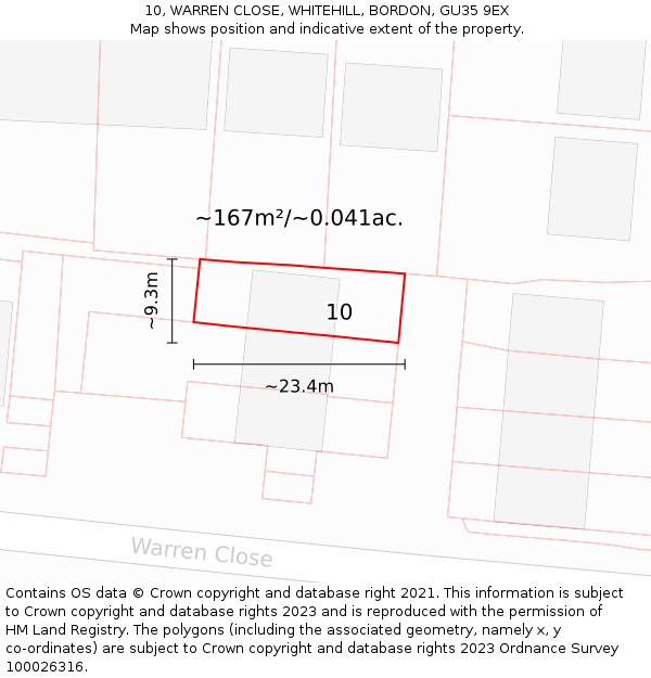 10, WARREN CLOSE, WHITEHILL, BORDON, GU35 9EX: Plot and title map
