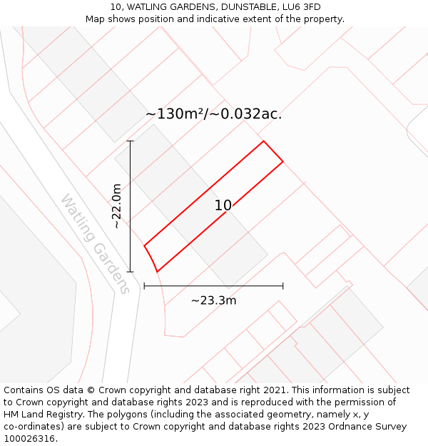 10, WATLING GARDENS, DUNSTABLE, LU6 3FD: Plot and title map