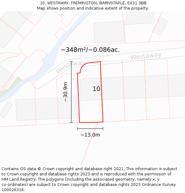 10, WESTAWAY, FREMINGTON, BARNSTAPLE, EX31 3BB: Plot and title map