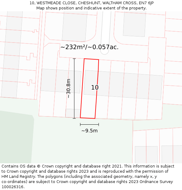 10, WESTMEADE CLOSE, CHESHUNT, WALTHAM CROSS, EN7 6JP: Plot and title map
