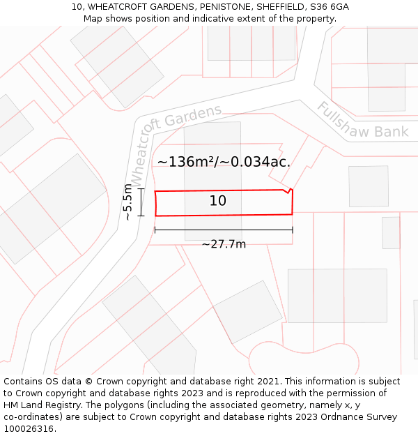 10, WHEATCROFT GARDENS, PENISTONE, SHEFFIELD, S36 6GA: Plot and title map